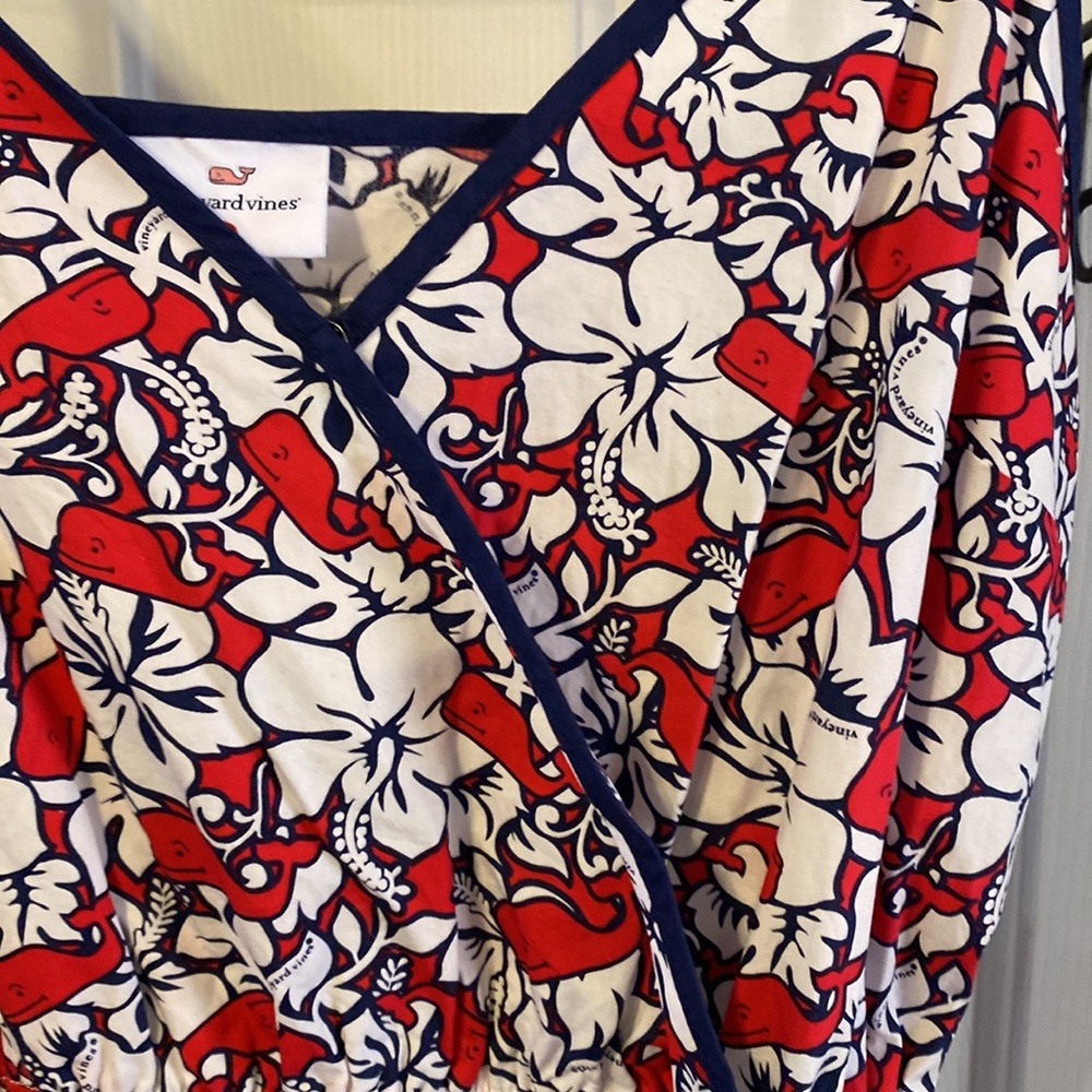 Floral Red and White Wrap Dress with Navy Trim - Picture 2 of 9